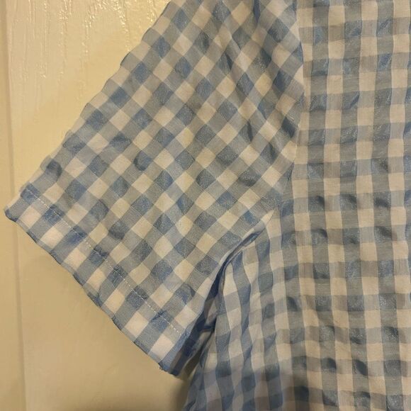 Madewell Button-Back Tie Front Short Sleeve Blue & White Gingham Check Blouse S - Picture 12 of 13